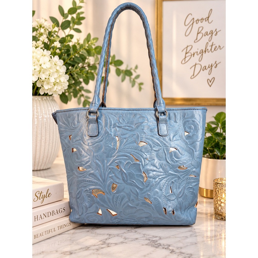 Patricia Nash Blue Tooled Leather Floral Tote Bag Metallic Cutouts Scuffed